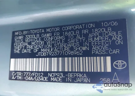 2007 Toyota Yaris from USA, damaged, VIN JTDBT923771098962